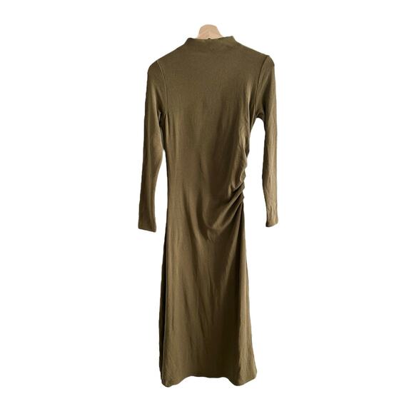 OGL Mid Thermal Heat-Tech Long Sleeves Mockneck Tucks Midi Dress Olive M NWT - Picture 2 of 4